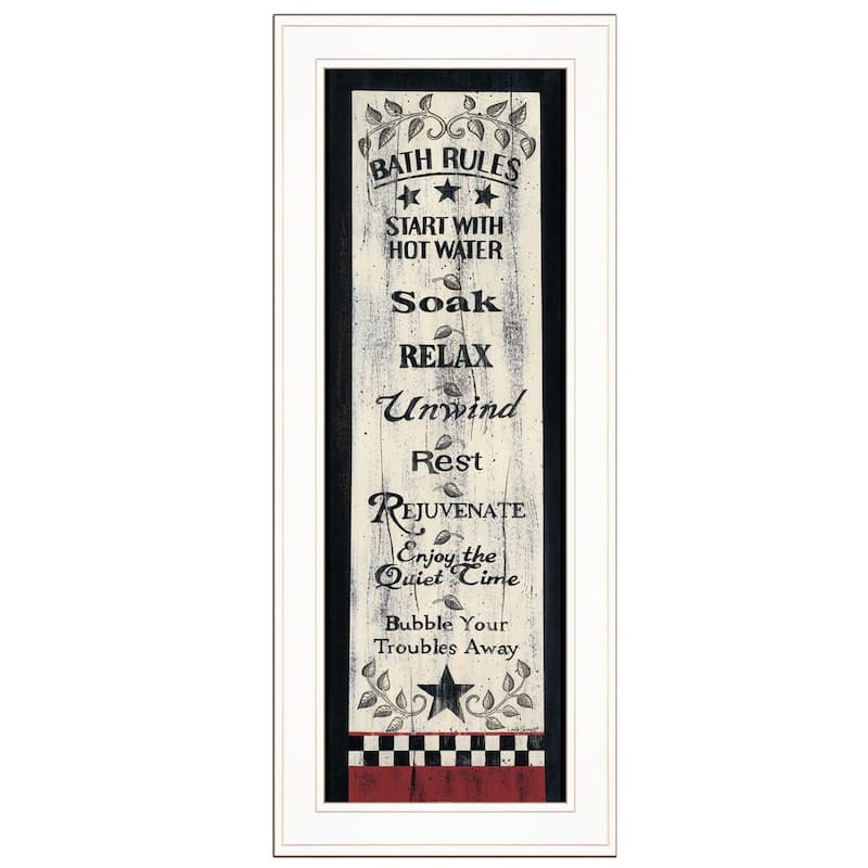 TrendyDecor4U Farmhouse "Bath Rules" Framed Print Wall Art by Linda Spivey - Earthtone