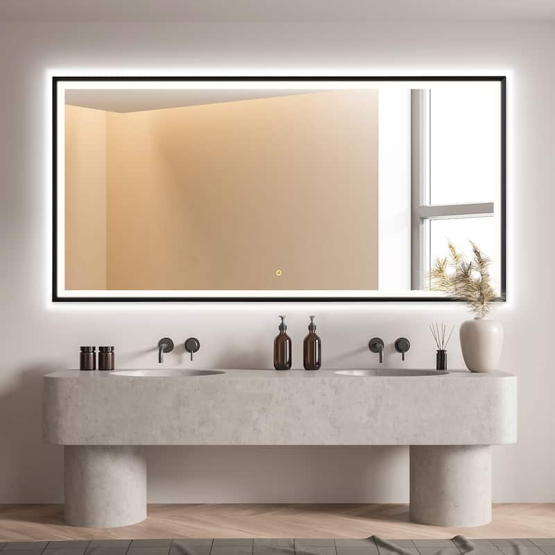 Apollo Rectangular Anti-Fog Dimmable Modern Bathroom/Vanity LED Lighted Wall Mirror in Matte Black Aluminum Framed