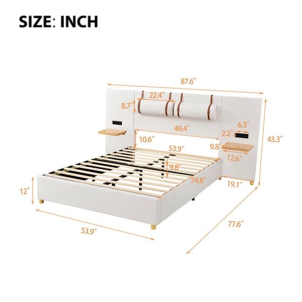 Full Size Platform Bed with 2 Outlets and USB Charging, Upholstered Bed with 2 Bedside Pillows, and Storage Shelves, Beige