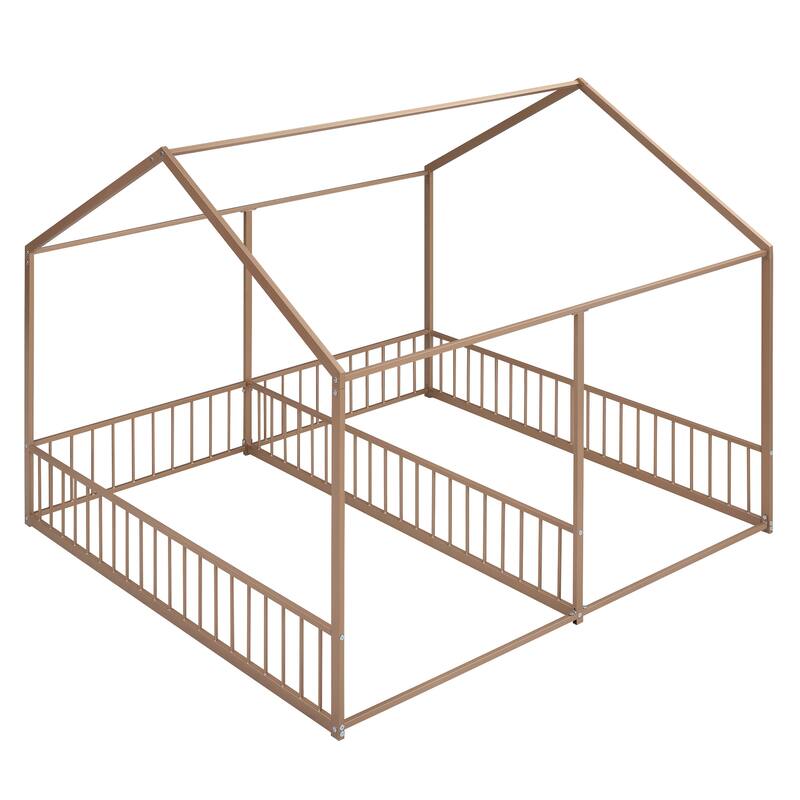 Twin Size Metal House Platform Bed with Roof, Windows, and Guardrails, 2-in-1 Bed Design, Easy Assembly