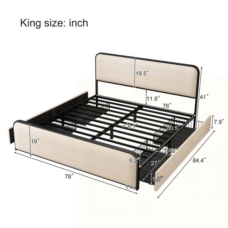 Metal Bed Frame with Curved Upholstered Headboard and Footboard