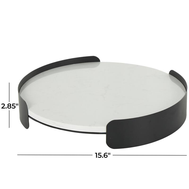 Marble Round Tray with Black Metal Frame - White - Roche River Decor