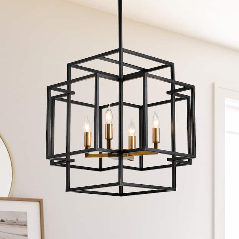 4-Light Metal Tiered Rectangle Lantern Chandelier