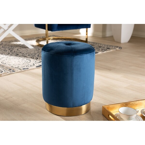 Elijah Navy Blue Velvet Fabric Upholstered Gold-Finished Ottoman