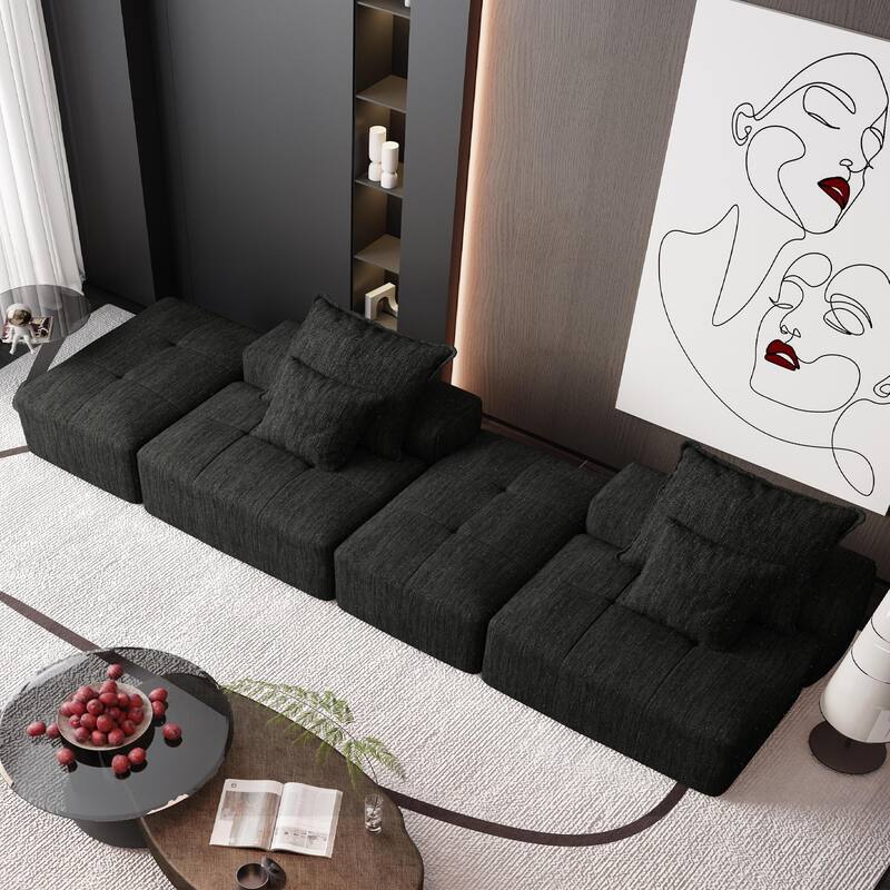 Floor Sofa Sectional Couch with 2 Ottoman, Modern Oversized Chenille Modular Sofa with 4 Pillows for Apartment