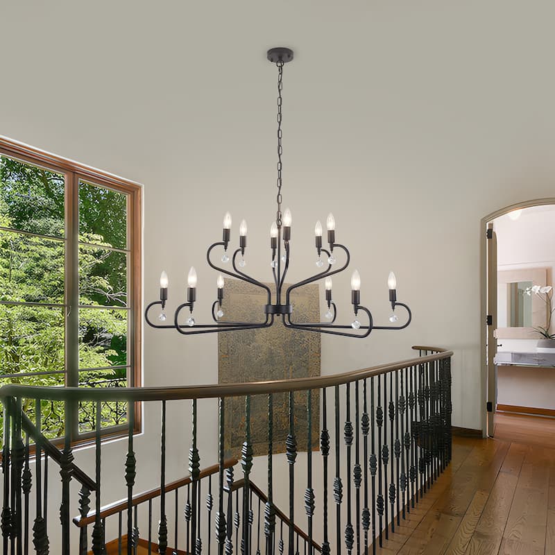 12-Light Black Metal Chandelier with Adjustable Chain