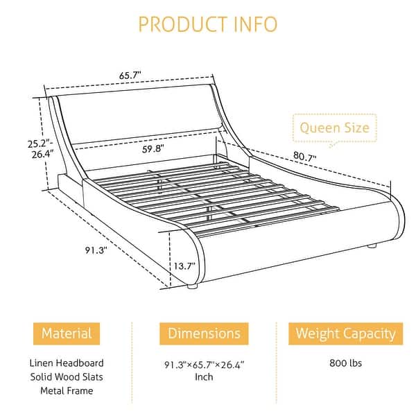 Queen Size Leather Low Profile Sleigh Bed Frame with Headboard, White