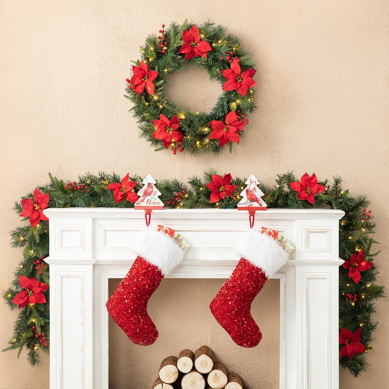Glitzhome 9ft Pre-Lit Greenery Pine Berries Christmas Garland with Timer