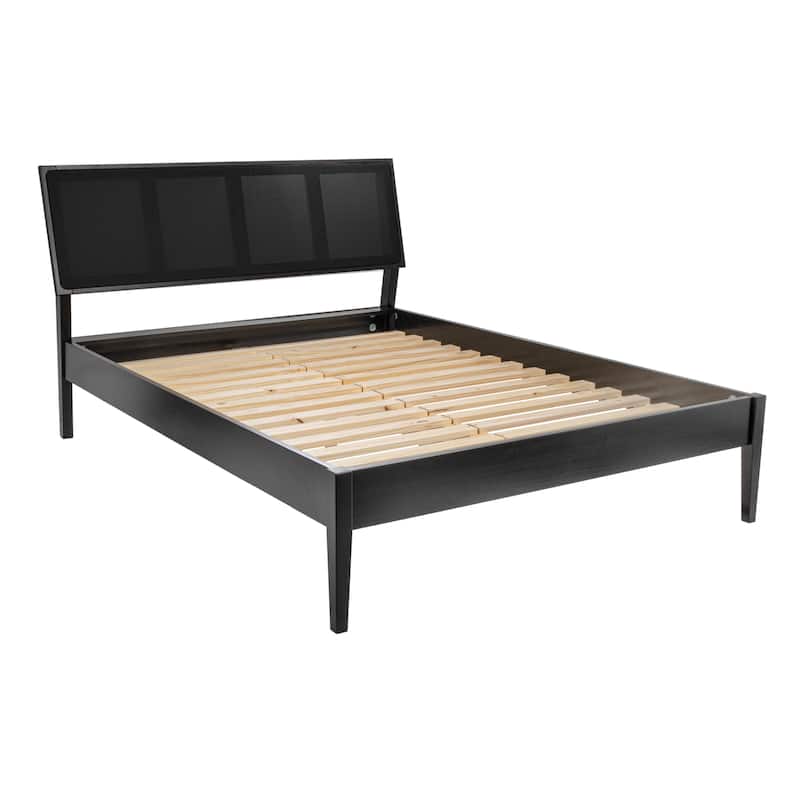 Crawford Solid Wood Bed with Woven Cane Headboard - Black Cane - Queen