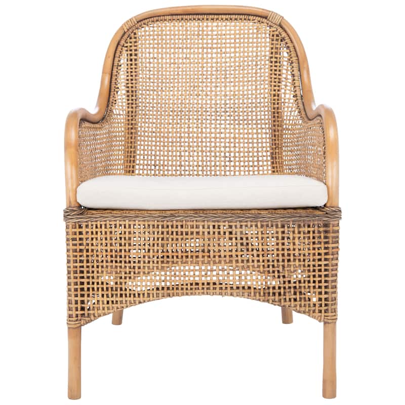 SAFAVIEH Rosalia Coastal Rattan Accent Chair with Cushion - 23.4" W x 24.8" L x 32.7" H - 23Wx25Dx33H - Dark Natural/White