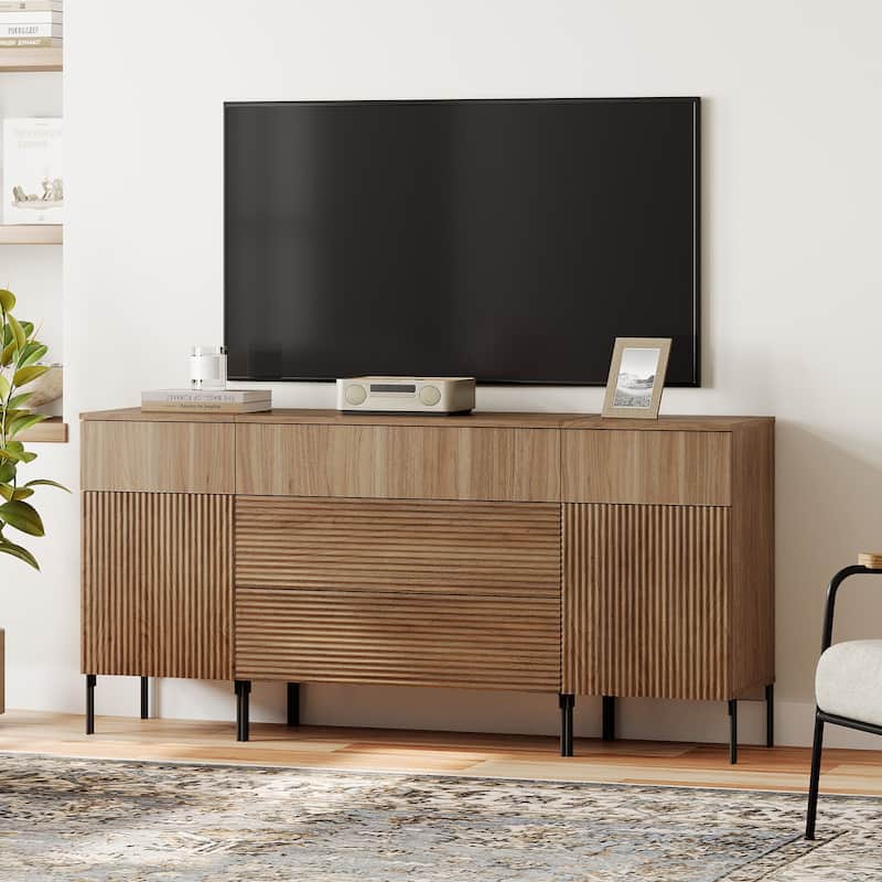 63" Modern Reeded Dresser TV Stand With Drawers, Entertainment Center With Charging Station