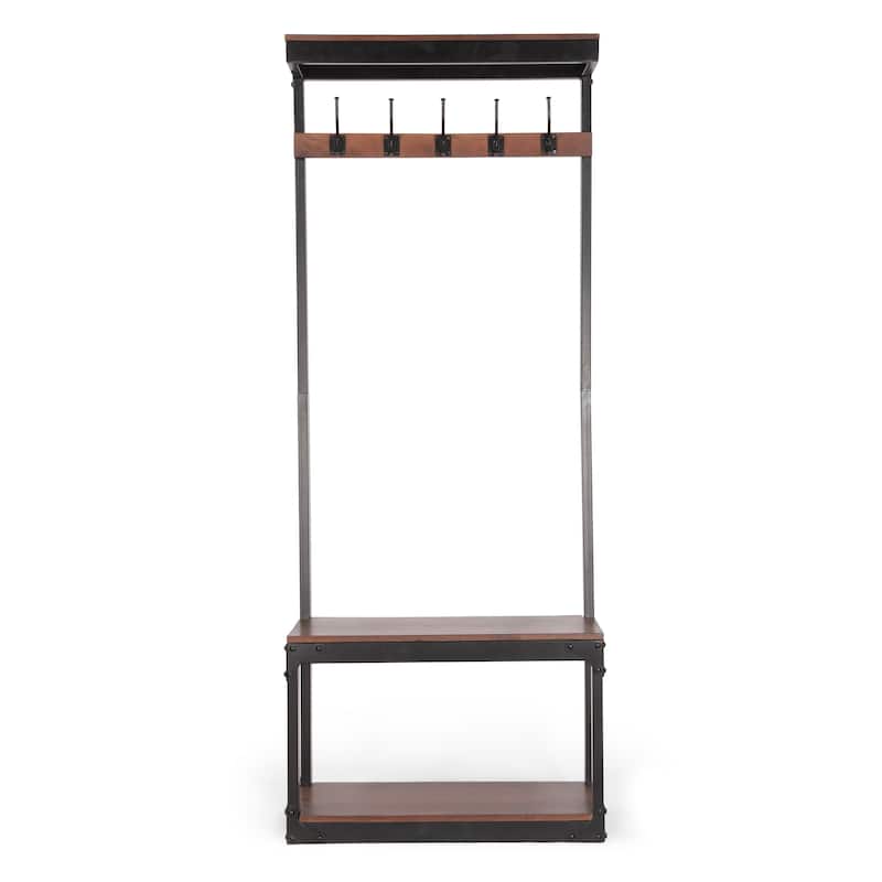 Roomfitters Industrial Hall Tree with Bench, Coat Rack with Hooks and Storage Shelf, Entryway Organizer Stand, Coffee