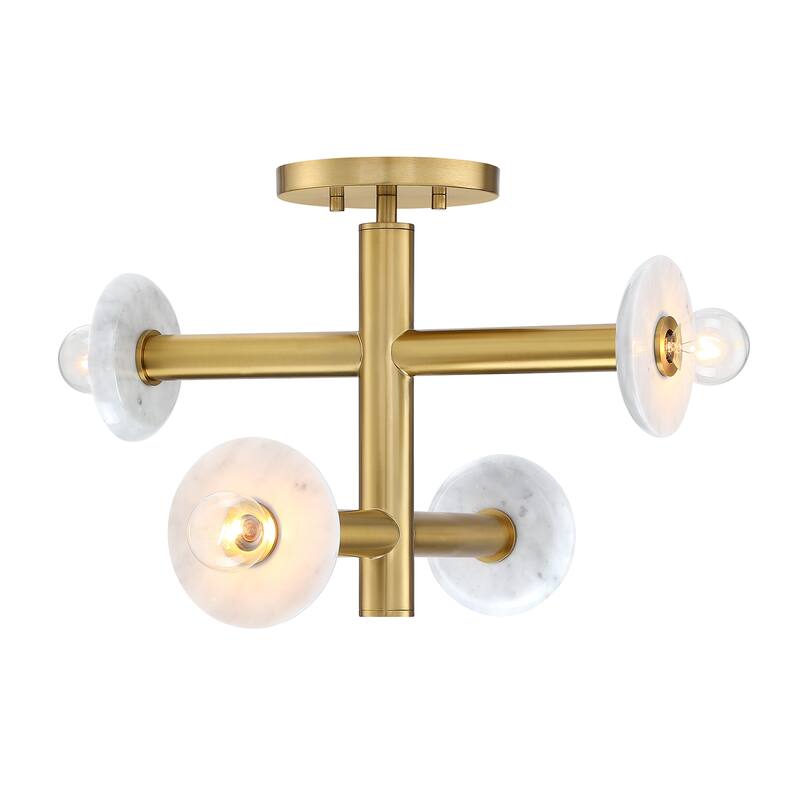 Fina 16 in. 4-Light Brushed Gold Modern Semi Flush Mount with Natural Marble Accents for Bedrooms - 12.25