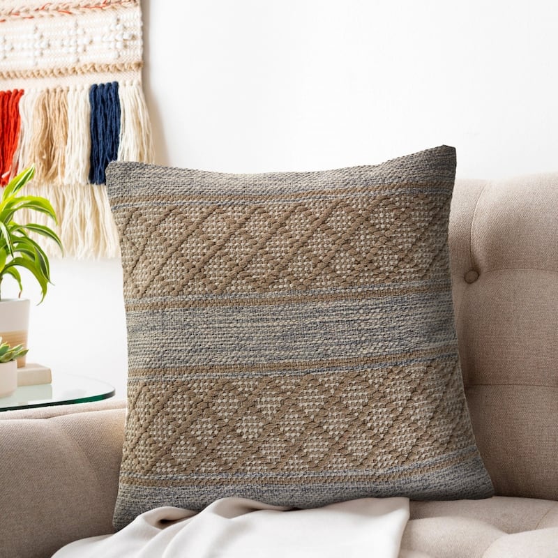 HomeRoots 20" X 20" Beige And Grayish Blue 100% Cotton Geometric Zippered Pillow