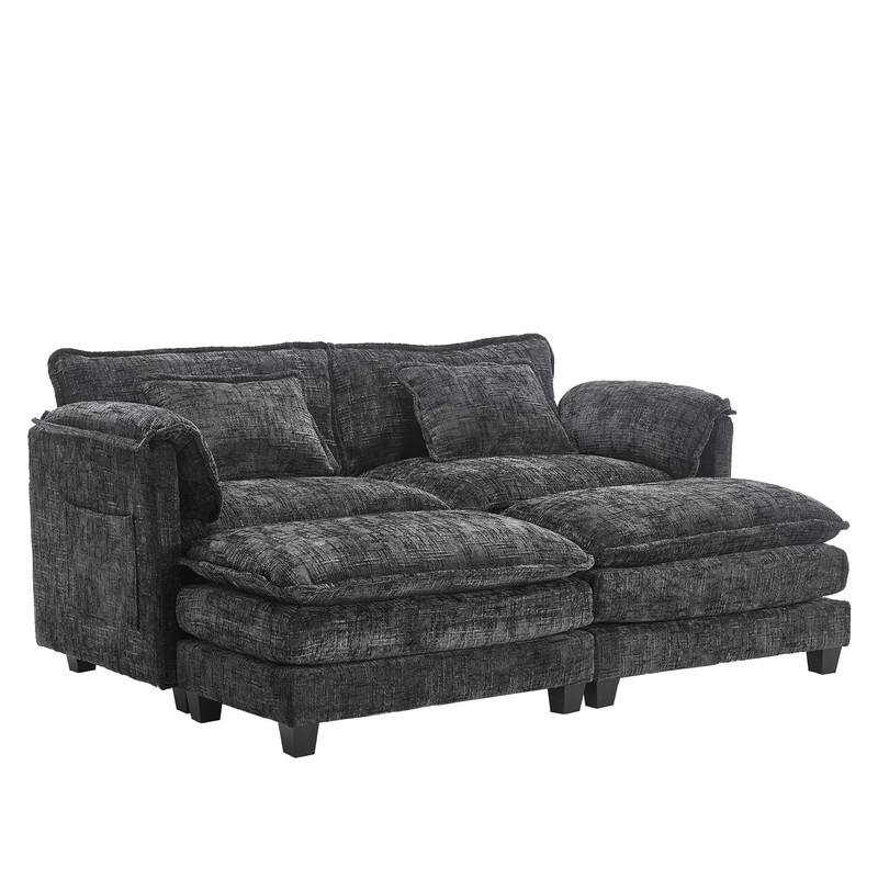 76.77" Chenille Upholstered Sofa with 2 Ottomans