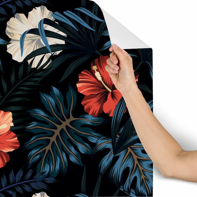 Red and White Hibiscus Floral Removable Wallpaper - 10'ft H x 24''inch W