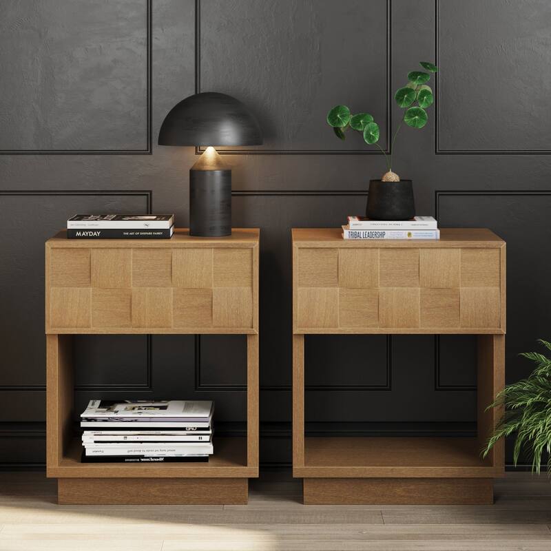 Paige Mid Century Modern Nightstand with 1 Drawer, Rustic Bedside Table with Sculpted Drawer Front and Open Bottom Shelf - Set of 2