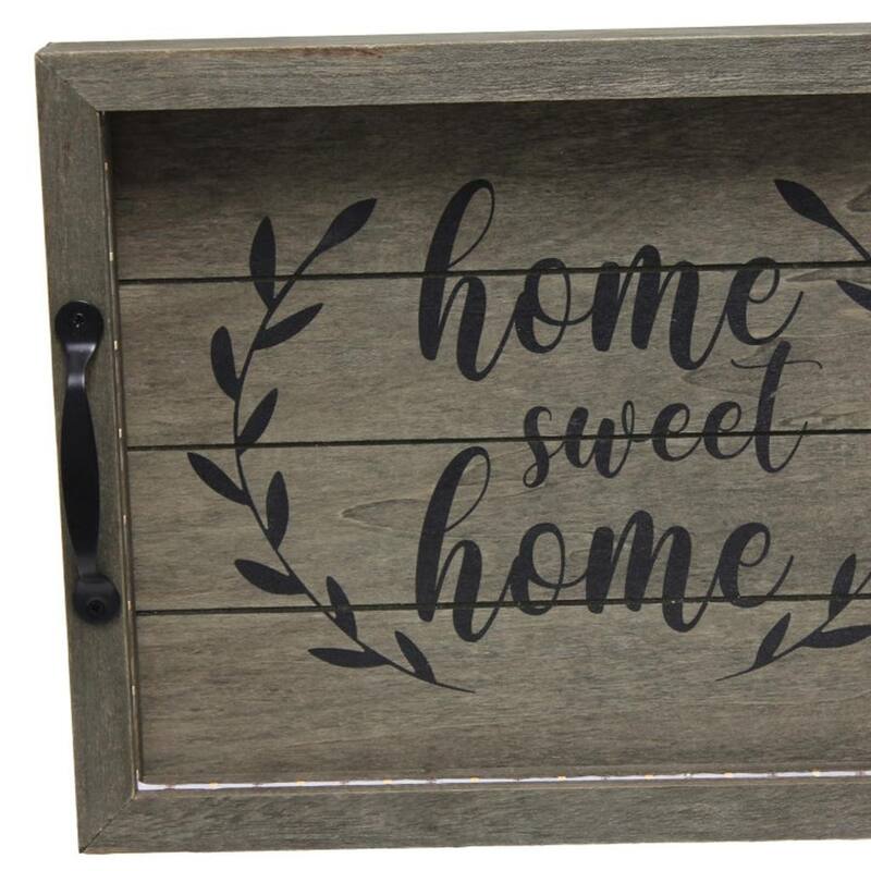 HomeRoots 16" Dark Gray And Black Home Sweet Home Serving Tray With Handles And LED Lights - 15.50 in. x 2.25 in. x 12.00 in.