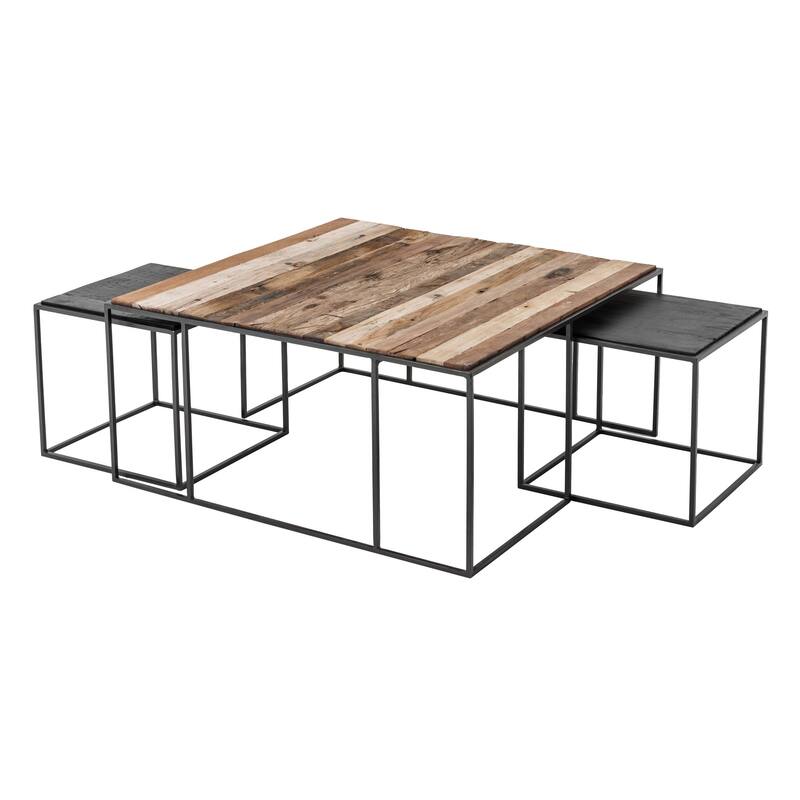 HomeRoots Set of Three 39" Oak And Black Solid Wood And Iron with Iron Square Nested Coffee Tables