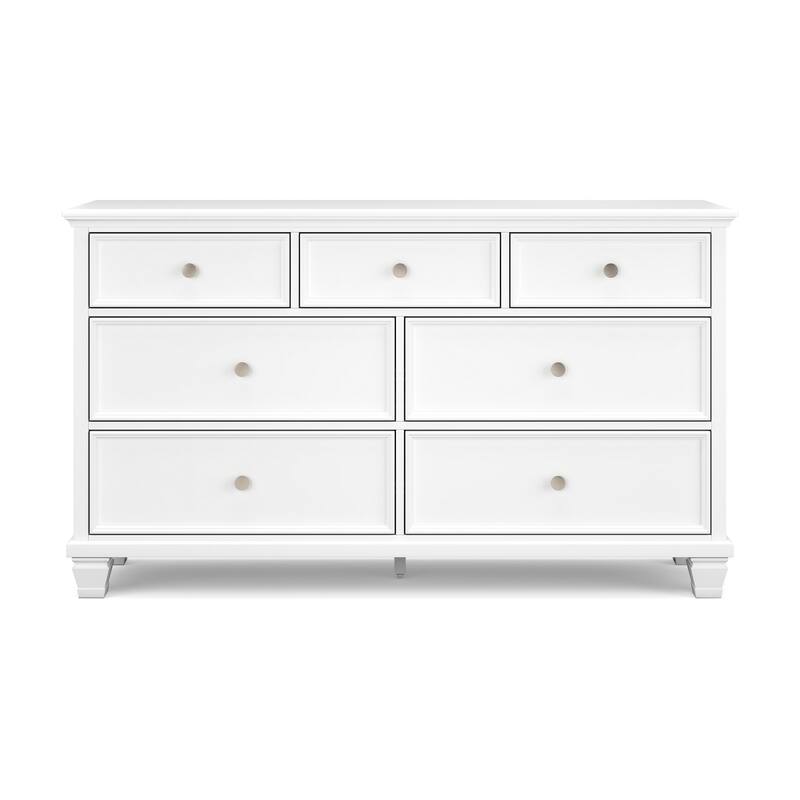 Heno Wide Dresser, 7 Storage Drawers, Nickel Round Knob Handles, White