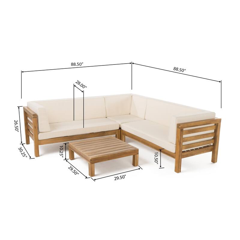 Oana Outdoor 5 Seater V Shaped Mid-Century Modern Acacia Wood Sectional Sofa Set with Coffee Table by Christopher Knight Home