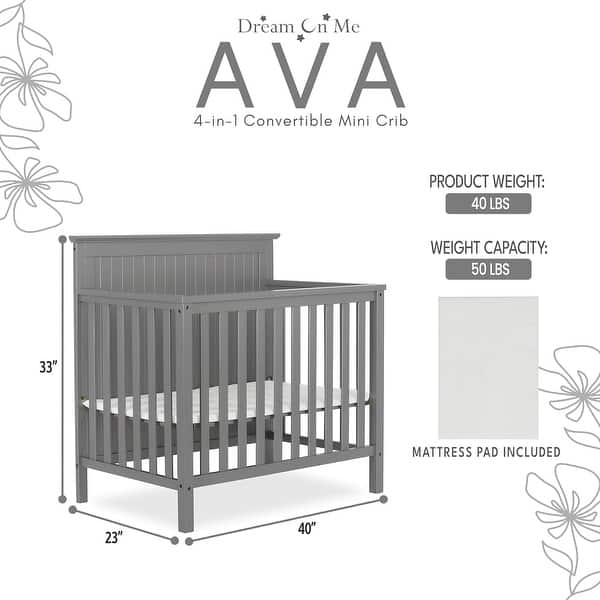 Dream On Me Ava 4-in-1 Convertible Mini Crib Steel Grey
