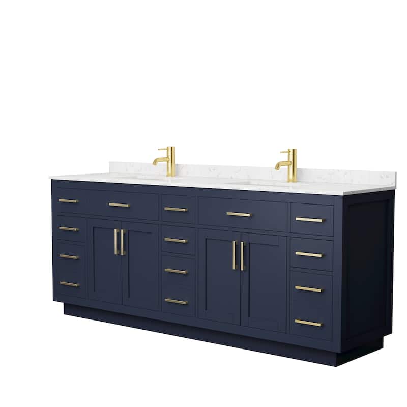 Beckett TK 84-inch Double Vanity, Cultured Marble Top - Dark Blue, Gold Trim, Carrara Cultured Marble Top