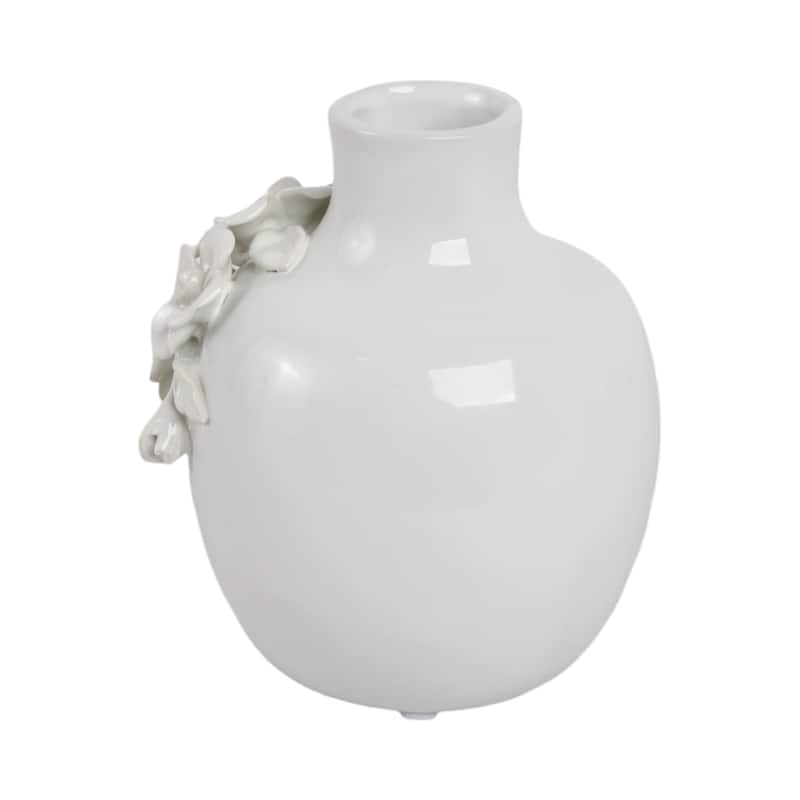 Ceramic Decorative Vase 3D Floral Detail Glossy Finish - 6" White