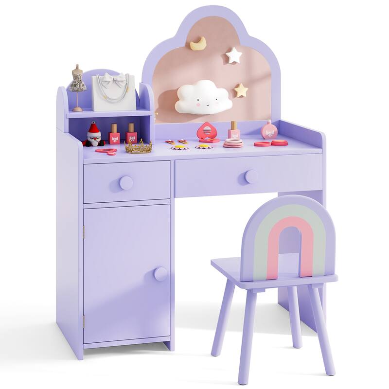 Children's Vanity Table and Stool Set with Mirror and Drawers Cabinet for Bedroom or Playroom - 31.5" x 16" x 38.5" (L x W x H)