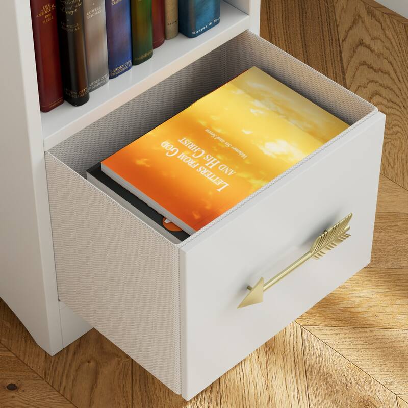 Javlergo Tall 7-Tier Adjustable Corner Bookcase with Drawer MDF Storage Shelf for Living Room Bedroom Kitchen and Entryway