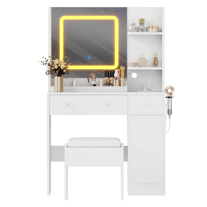 Vanity Desk with LED Mirror, 3 Drawers & Open Shelves, Charging Station, and Stool