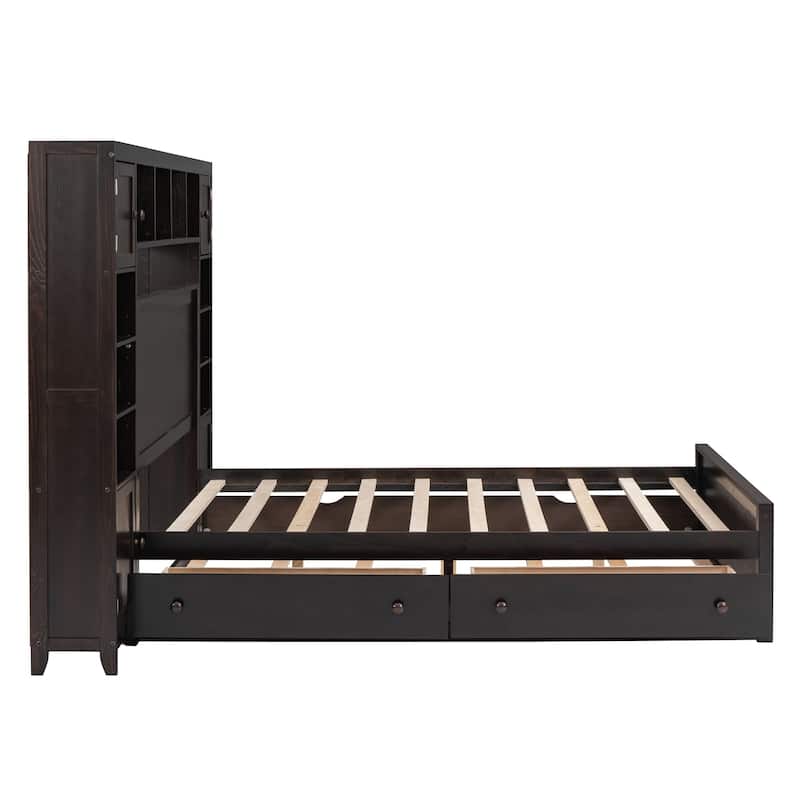Full Size Wooden Bed With All-in-One Cabinet
