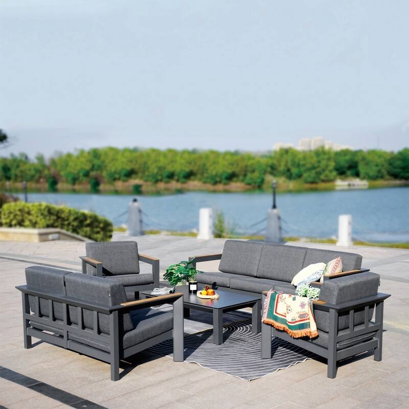 5-Piece Patio Aluminum Sofa Set with End Table - Grey