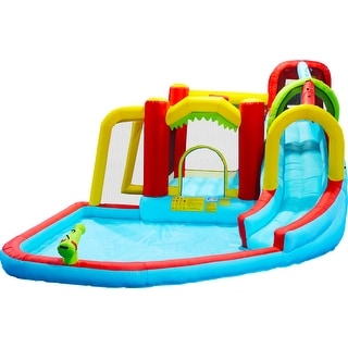 7-In-1 Inflatable Slide Water Park Combines a Soccer Garden Bouncer, Splash Pool, Water Gun, Climbing Wall, Basketball Hoop