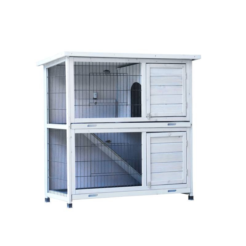 Rabbit Hutch,2-Story Rabbit Bunny Cage Indoor with Run,,2 Removable No-Leak Trays,Pet Cages,Non-Slip Ramp,Waterproof Roof,Fence