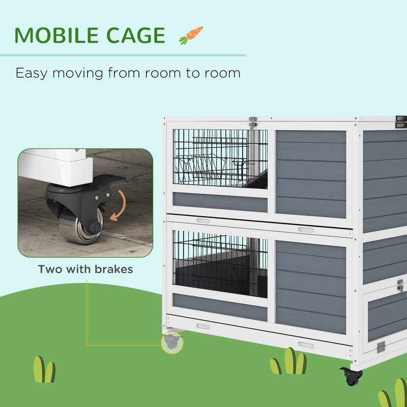 White and Grey Double-Decker Bunny Hutch with Ramps Tray and for Small Animals - 35.5" L x 20.75" W x 38.25" H
