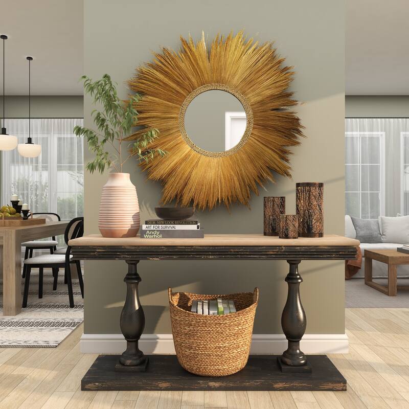 Brown Dried Plant Tribal Inspired Sunburst Grass Room Wall Mirror with Coiled Rope Center - 45 x 2 x 45Round