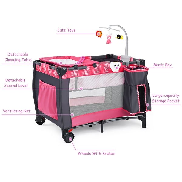 dimension image slide 1 of 2, Costway Foldable Travel Baby Playpen Crib Infant Bassinet Bed Mosquito