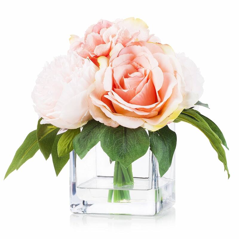Enova Home Mixed Artificial Silk Roses Peony and Hydrangea Fake Flowers Arrangement in Cube Glass Vase with Faux Water - N/A