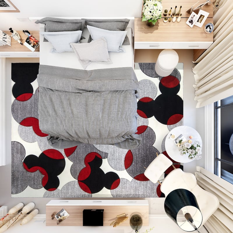 Licensed Disney Mickey Mouse Bravo Toss Modern Geometric Mickey Head Red/ Grey/ Ivory Indoor Area Rug