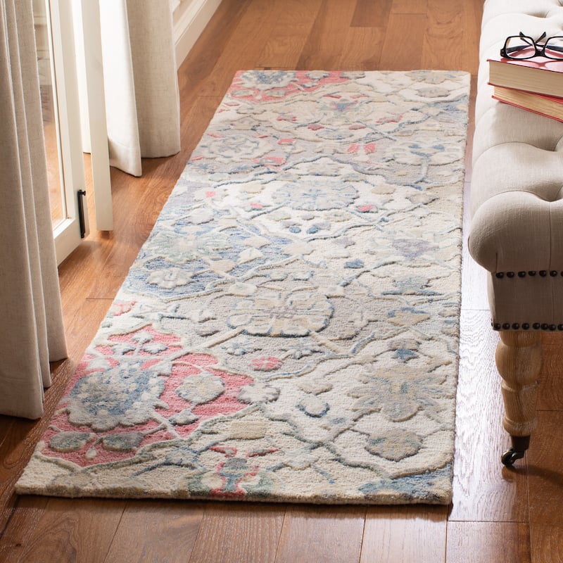 SAFAVIEH Handmade Glamour Noella Floral Wool Rug - 2'3" x 8' Runner - Ivory/Red