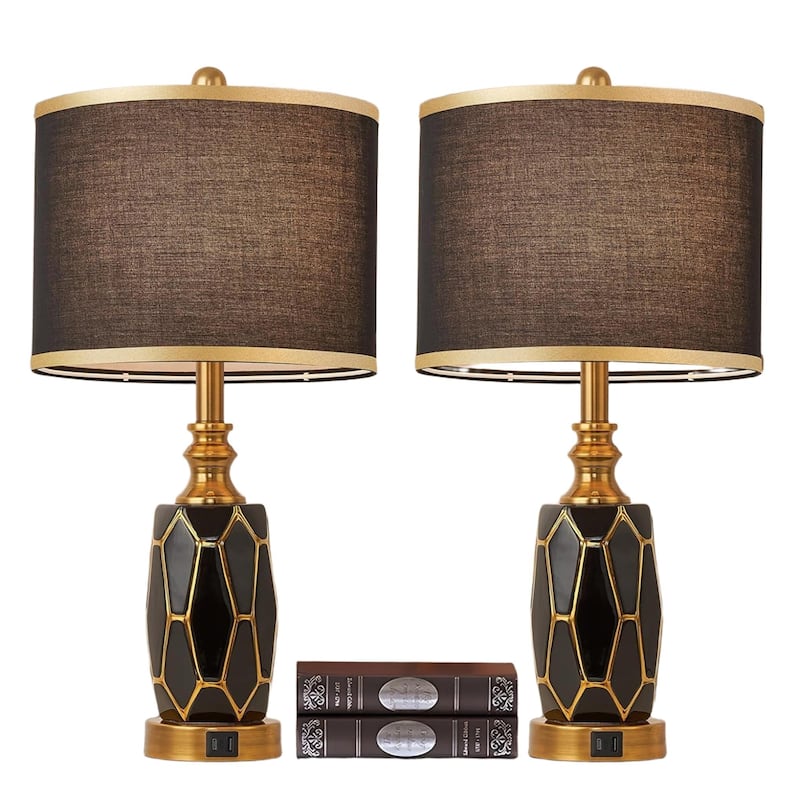 Modern Ceramic Table Lamp with USB Port, Fabric Drum Shade