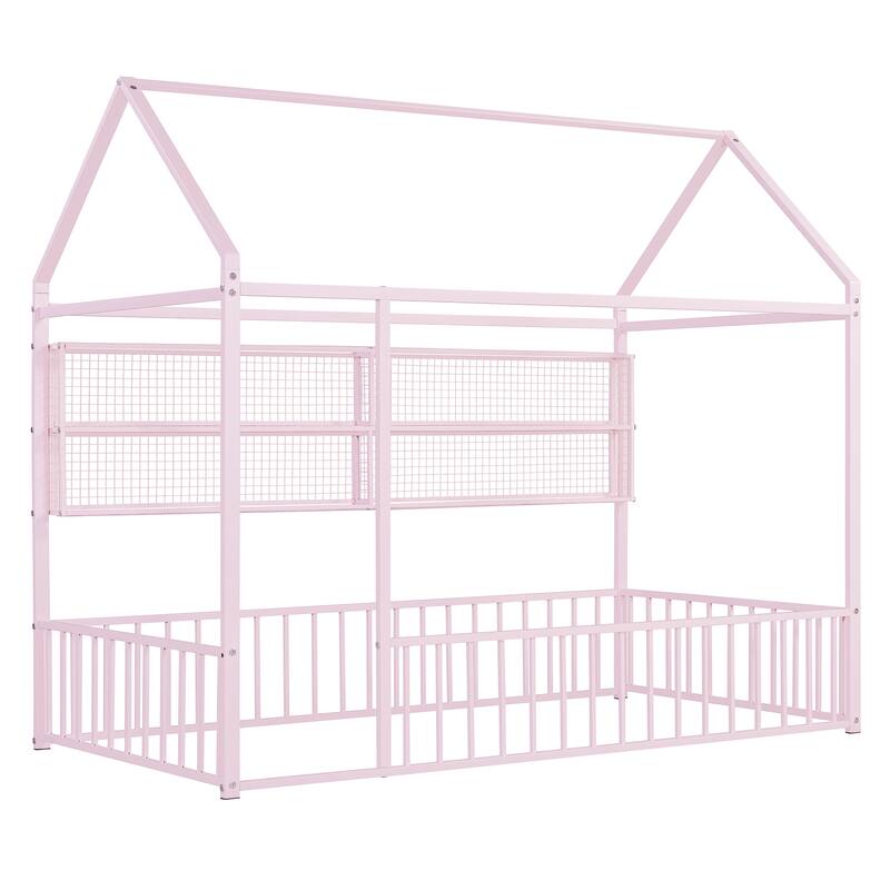 Full Size Metal House Bed Frame with Built-In Grid Shelves, Playful Canopy Design and Space-Saving Storage