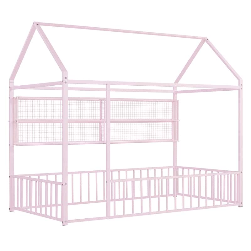 Montessori Floor Bed with Storage Shelves, Metal House Bed Frame with Fence, Space-Saving Design for Kids Girls Boys