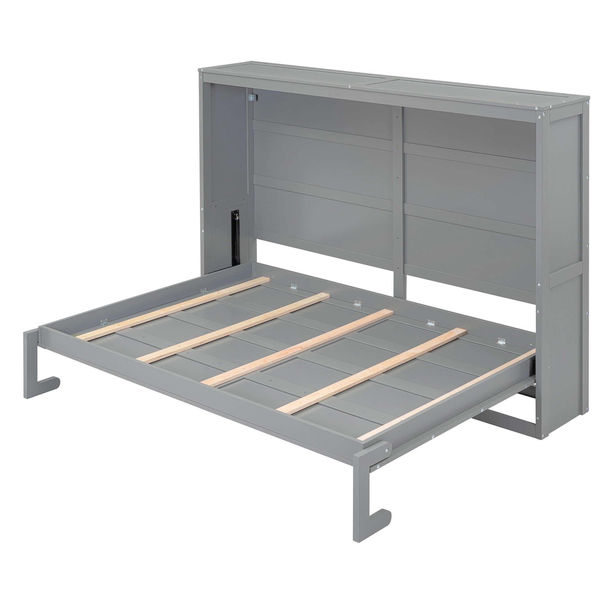 Full Size Murphy Bed Cabinet Bed Frame, Solid Wood Wall Bed Foldable Platform Bed, Horizontal Murphy, Space-Saving Wall Bed,Grey