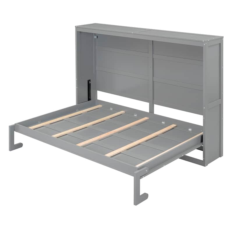 Queen Size Murphy Bed Cabinet with Dual-Piston Lift, Space-Saving Foldable Wall Bed Frame w/Slatted Base Guest Room Home Office