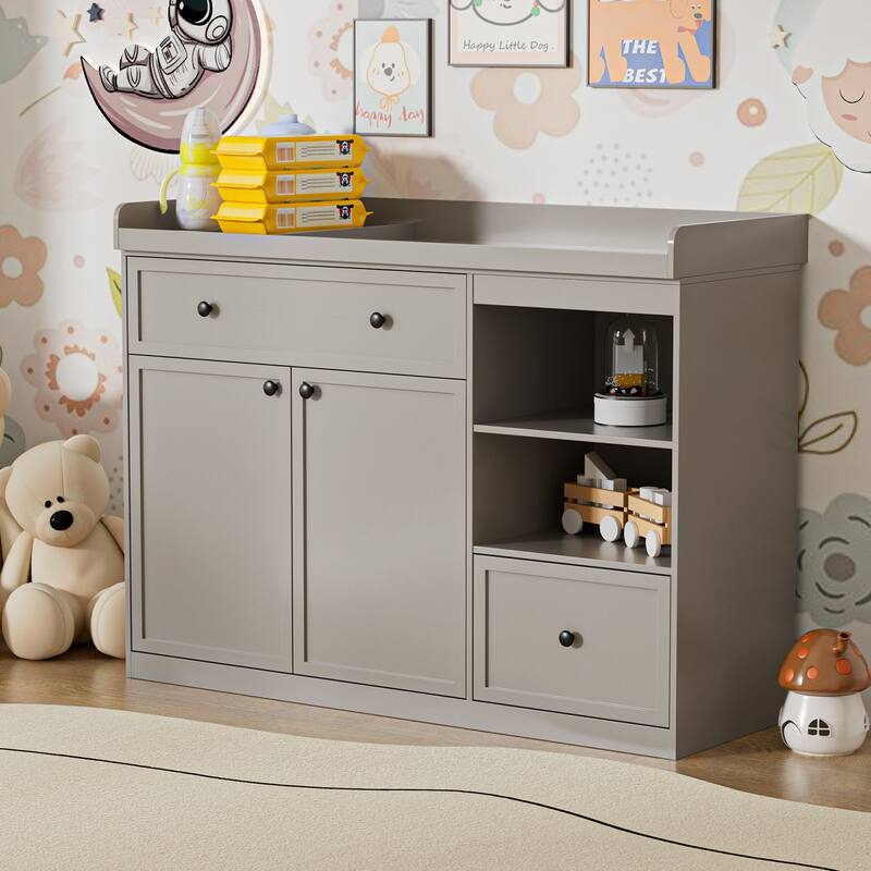 Changing Table Dresser with Drawers and Shelves - Grey