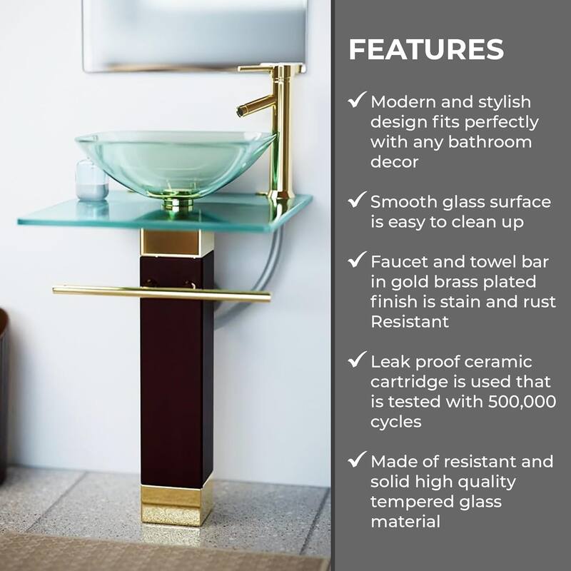 Bohemia Glass Pedestal Sink with Gold Plated Faucet, Drain and Towel Bar - Clear