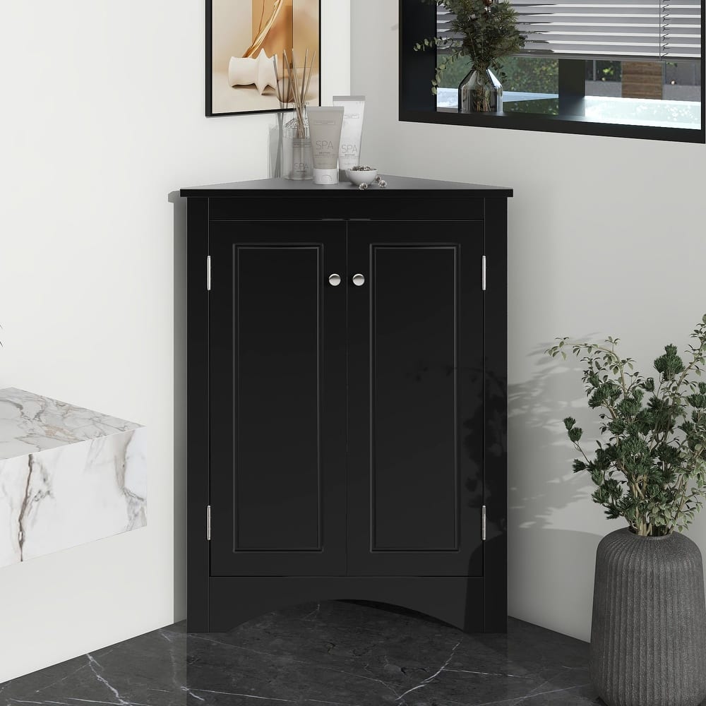 32" Wood 2-door Bathroom Corner Cabinet with Adjustable Shelves