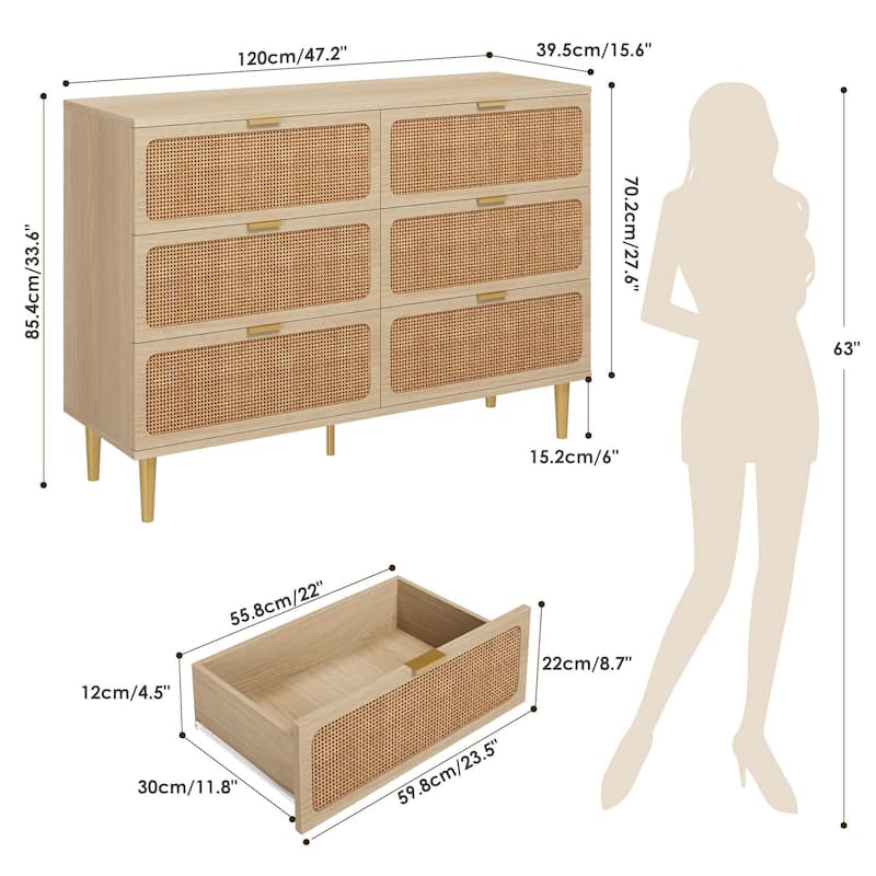 Rattan 6 Drawer Dresser for Bedroom, Large Double Dresser with Deep Drawers, Wooden Chest of Drawers for Closet with Wide Top